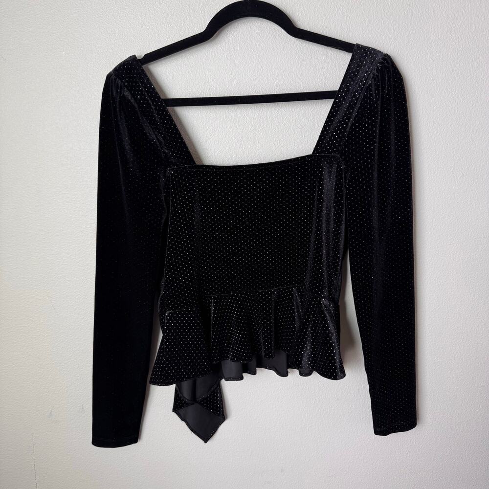 Saylor Elsa Black Velvet Metallic Peplum Top Long Sleeve Party Blouse Sz M - Picture 8 of 11